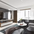 Modern Open Concept Living And Dining Room Interior With Sofa Coffee Table And Dining Chairs