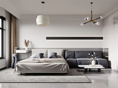 Modern Apartment Bedroom Interior Design With Comfortable Bed Sofa And Decorative Chandelier 3d model