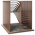 Modern Wooden Spiral Staircase With Curved Design Striped Railings And Gravel Floor