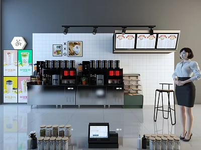 Modern Commercial Equipment For Café Featuring Coffee Machines Cash Register And Display Shelves 3d model
