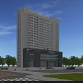 Modern Tall Office Building With White Gray Exterior Glass Facade Surrounded by Trees Road Area