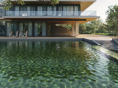 Modern Detached Villa With Swimming Pool Lush Green Trees And Spacious Balcony Design 3d model