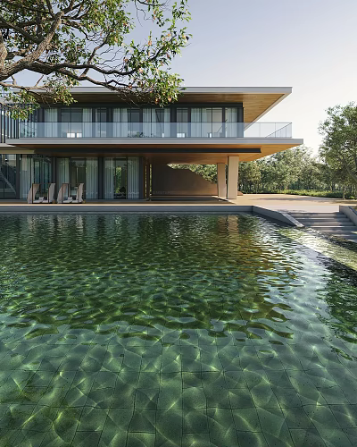 Modern Detached Villa With Swimming Pool Lush Green Trees And Spacious Balcony Design 3d model