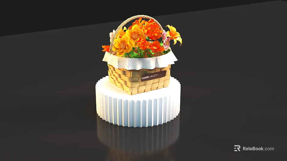 Wicker Basket Vase With Orange Yellow Flowers On White Ribbed Base 3d model 