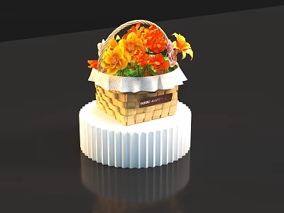 Wicker Basket Vase With Orange Yellow Flowers On White Ribbed Base 3d model