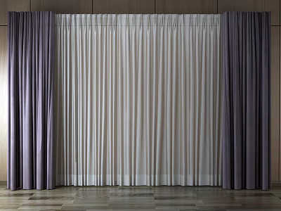 Dark And Light Colored Curtains Hanging In Modern Interior Room With Textured Fabric 3d model
