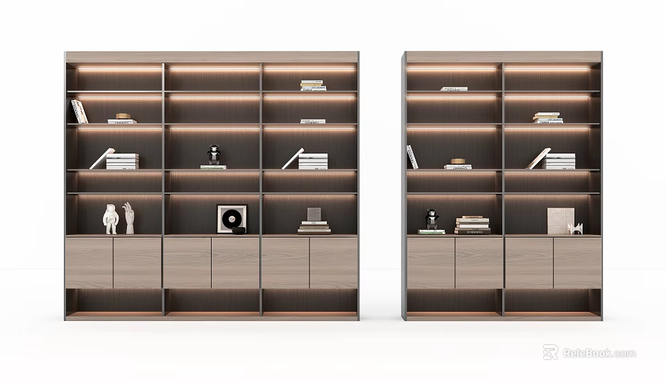 Stylish Modern Bookcase With Wooden Shelves Cabinets And Decorative Items Design 3d model 