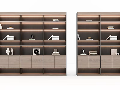 Stylish Modern Bookcase With Wooden Shelves Cabinets And Decorative Items Design 3d model