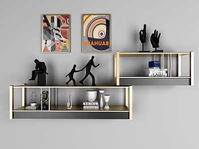 Elegant Modern Wall Cabinets with Decorative Artworks Sculptures and Stylish Interior 3d model