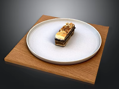 Layered Dessert On White Plate With Wooden Mat And Crunchy Topping 3d model