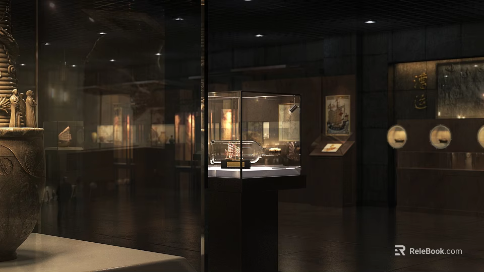 Ancient Cultural Relics In Museum Glass Display Case With Warm Lighting And Dark Background 3d model 