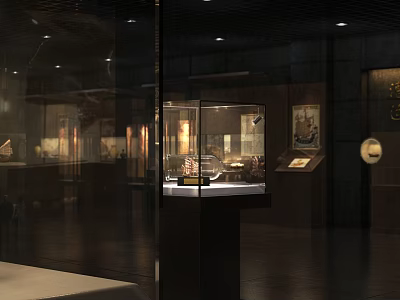 Ancient Cultural Relics In Museum Glass Display Case With Warm Lighting And Dark Background 3d model