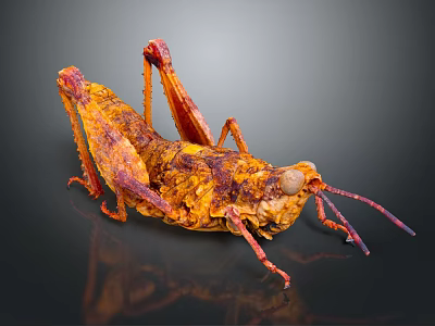 Fried Grasshopper With Orange Yellow Exoskeleton Long Legs And Antennae On Dark Reflective Surface 3d model