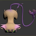 Pink Purple Fantasy Game Movie Character with Big Yellow Green Eyes and Long Feathery Tail