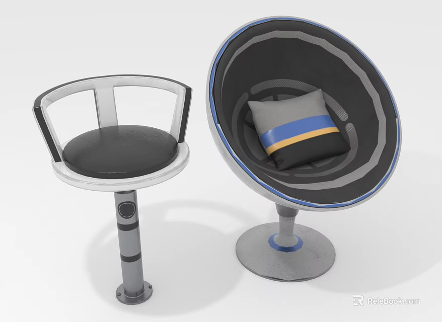 Modern Chair Furniture With Black Seat Round Base And Blue Gray Cushion 3d model 