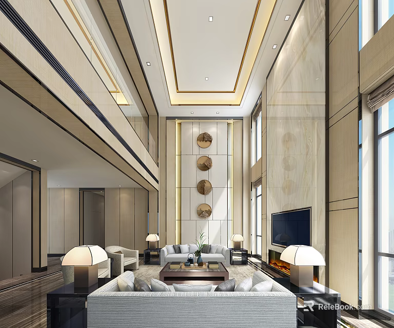 Modern Duplex Living Room With High Ceiling Round Wall Decor And Floor to Ceiling Windows 3d model 