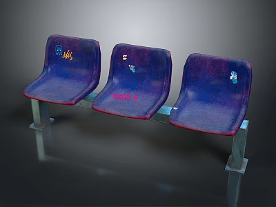 Three Purple Public Chairs With Graffiti And Metal Frames In Public Space 3d model