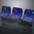 Three Purple Public Chairs With Graffiti And Metal Frames In Public Space