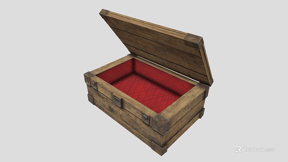 Open Wooden Storage Box for Hardware Tools with Red Diamond Lining and Metal Clasps 3d model 