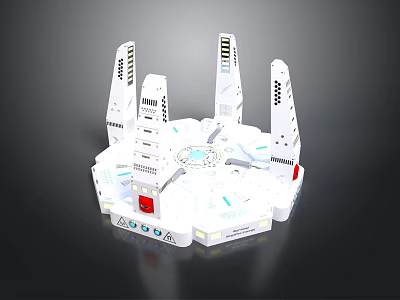 Futuristic Cityscape Featuring White Tower Structures And Circular Design On Black Background 3d model