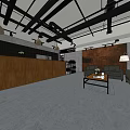 Modern Café Interior With Gray Sofas Wooden Coffee Table Bookshelves And Ceiling Lights