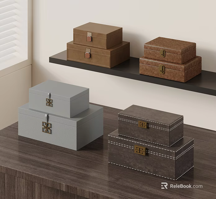 Decorative Ornament Box Set With Stacked Brown Gray And Dark Brown Storage Cases 3d model 