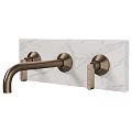 Brass Bathroom Faucet With Double Handles And Curved Spout On Marble Countertop