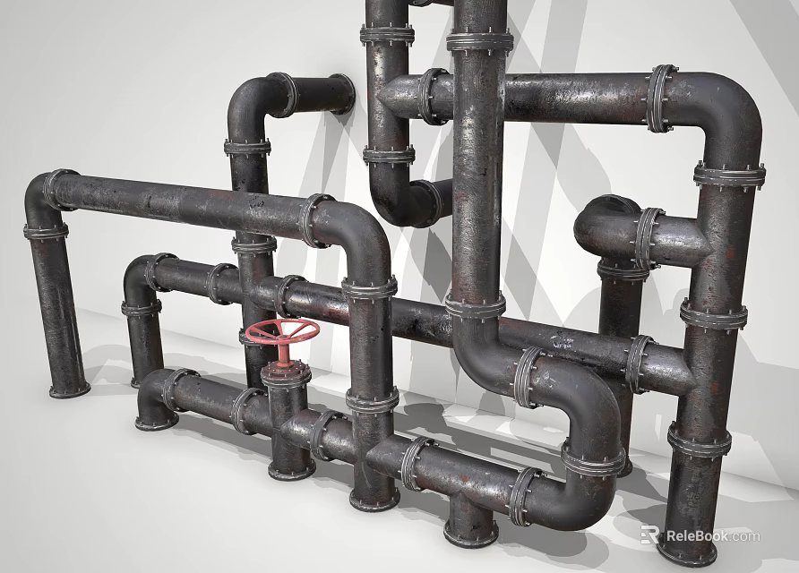 Industrial Metal Pipes With Connected Structure And Red Valve Design Elements 3d model 