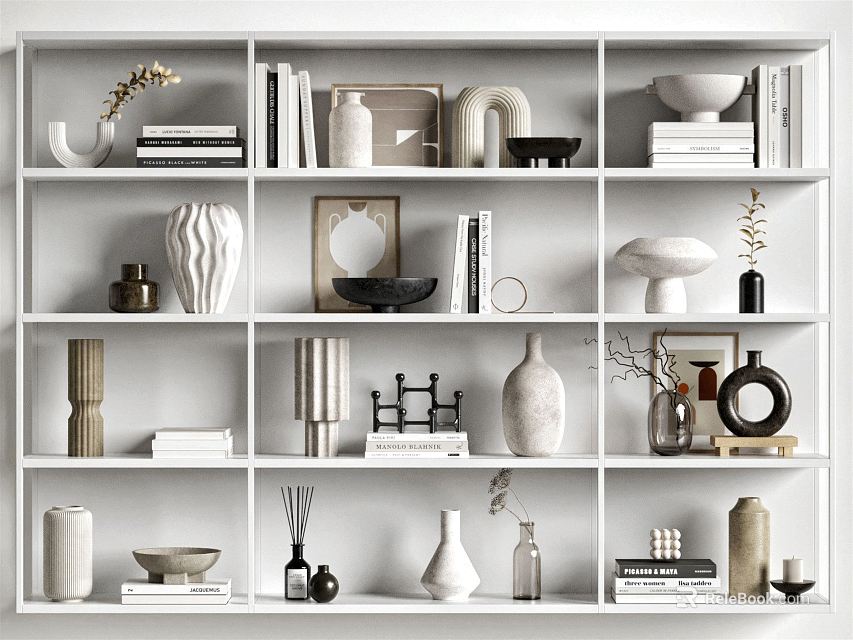 Stylish Decorative Ornaments Set On White Shelf With Vases Books Sculptures And Frames 3d model 