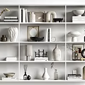 Stylish Decorative Ornaments Set On White Shelf With Vases Books Sculptures And Frames