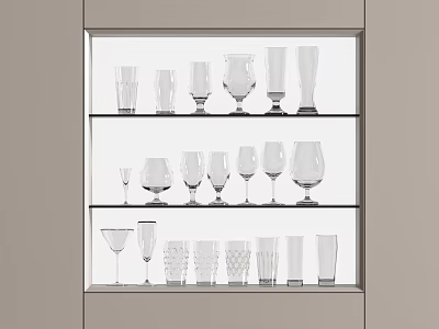 Various Wine Bottles And Glasses Arranged In Glass Display Cabinet With Shelves 3d model