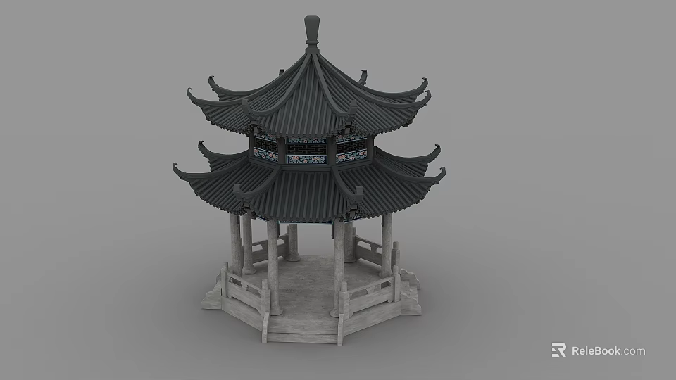 Traditional Ancient Chinese Architecture Pavilion with Multi Tiered Black Tiled Roof and Stone Pillars 3d model 
