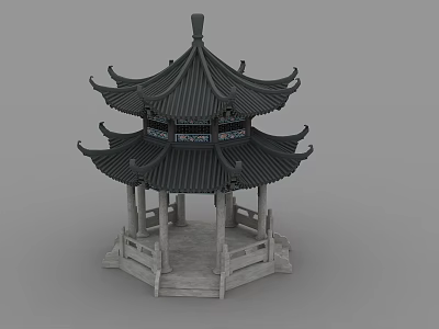 Traditional Ancient Chinese Architecture Pavilion with Multi Tiered Black Tiled Roof and Stone Pillars 3d model