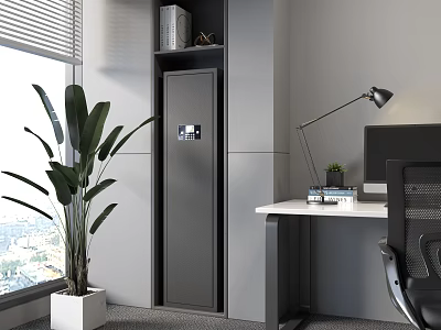Modern Office Interior With Gray Filing Cabinet Large Plant Desk Lamp And Computer Monitor 3d model