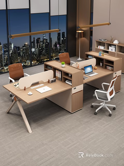 Modern Office Interior With L Shaped Desk Laptop Bookshelf And City View 3d model 