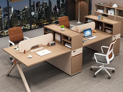 Modern Office Interior With L Shaped Desk Laptop Bookshelf And City View 3d model