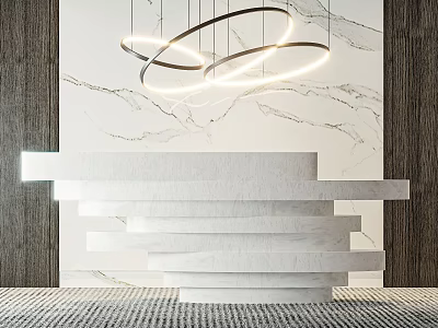 Modern White Marble Reception Desk With Circular Pendant Lights Marble Wall Textured Carpet 3d model