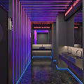 Public Restroom Corridor With Purple And Blue Neon Lights Mirrors Washbasins And Black Marble Floor