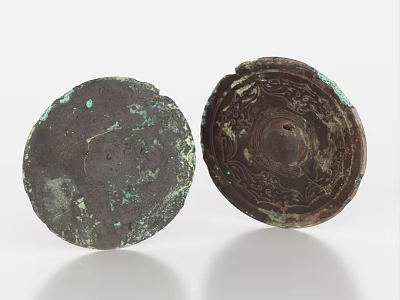 Ancient Circular Bronze Household Items With Carved Patterns And Green Patina 3d model