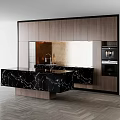Modern Kitchen Interior With Wooden Cabinets Black Marble Countertop And Golden Backsplash