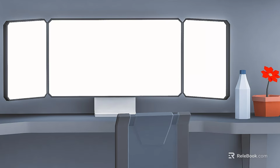Modern Computer Workstation Setup With Three White Monitors Desk Chair And Water Bottle 3d model 