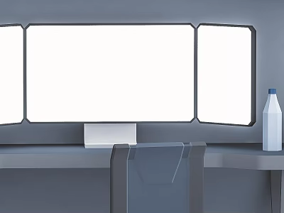 Modern Computer Workstation Setup With Three White Monitors Desk Chair And Water Bottle 3d model