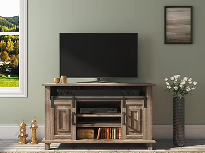 Rustic Wooden TV Stand With Storage Cabinets And Decorative Items By Window 3d model