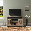 Rustic Wooden TV Stand With Storage Cabinets And Decorative Items By Window 3d model