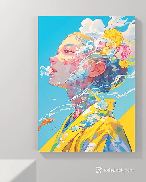 Colorful Abstract Painting Featuring Female Profile Floral Elements Water Splashes And Fish 3d model 