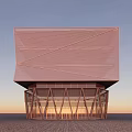 Modern Geometric Architectural Structure With Metal Support Columns And Sunset Sky