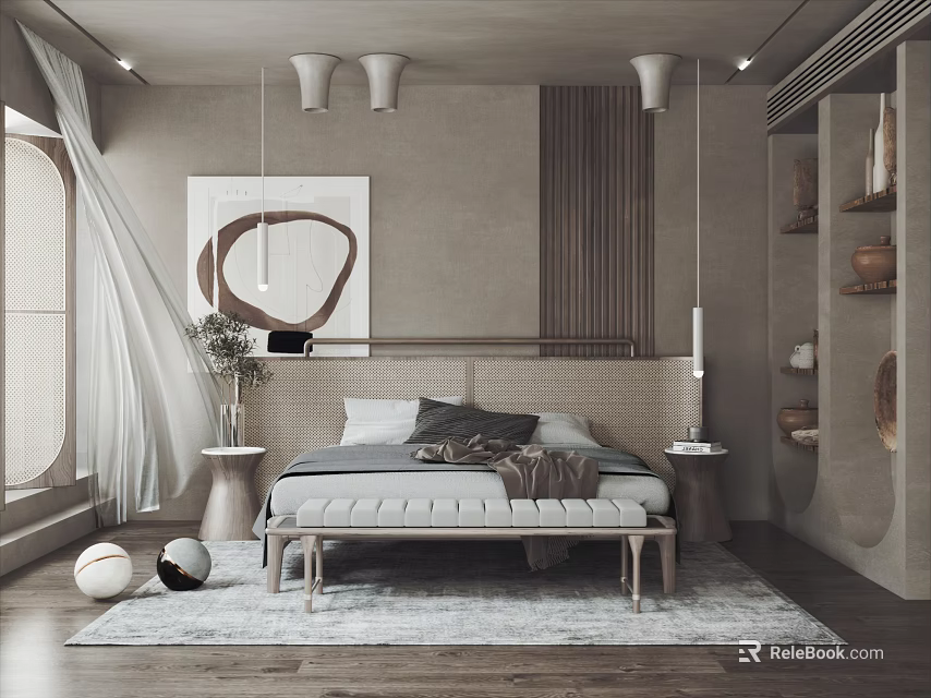 Neutral Modern Bedroom Interior Design With Wooden Bed Pendant Lights Area Rug And Wall Artwork 3d model 