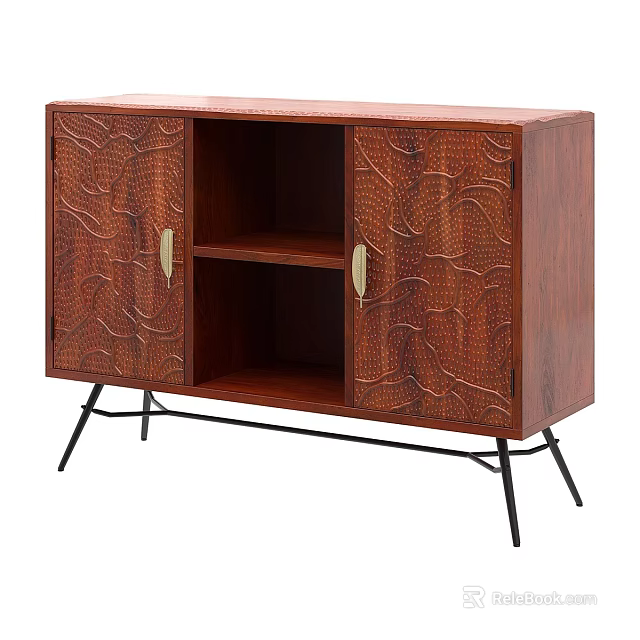 Wooden Sideboard with Carved Texture Gold Handles Open Shelves and Black Metal Legs 3d model 