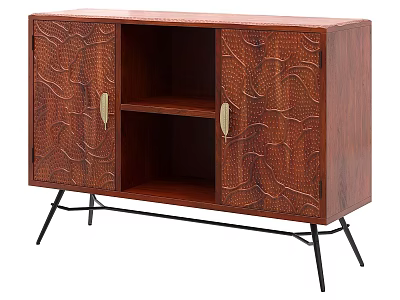 Wooden Sideboard with Carved Texture Gold Handles Open Shelves and Black Metal Legs 3d model