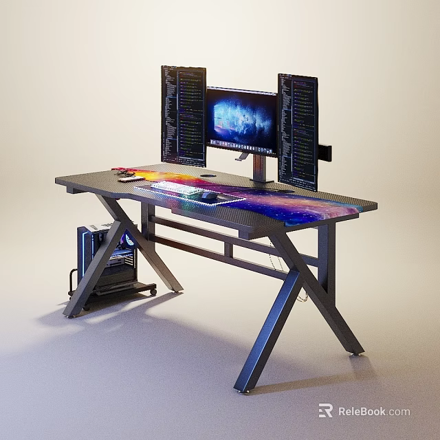 Modern Gaming Desk With Dual Monitors Colorful LED Lighting Keyboard And Mouse 3d model 